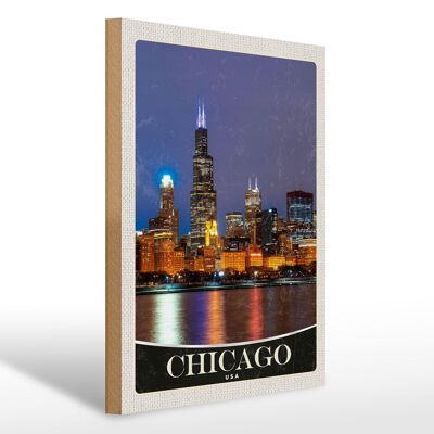 Holzschild Reise 30x40cm Chicago USA Amerika Abend am Meer