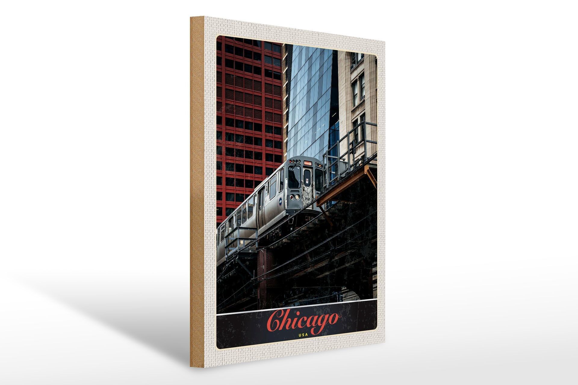 Wooden sign travel 30x40cm Chicago USA train skyscraper