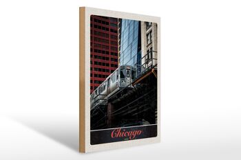 Panneau en bois voyage 30x40cm Chicago USA train gratte-ciel 1