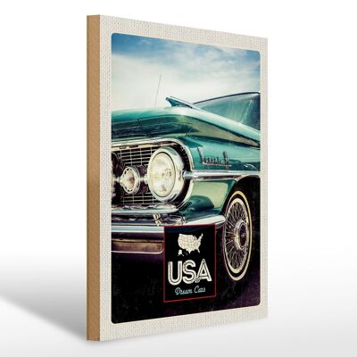 Cartel de madera viaje 30x40cm USA America coche vintage azul