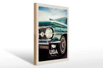Panneau en bois voyage 30x40cm USA Amérique bleu voiture vintage 1