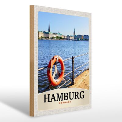 Panneau en bois voyage 30x40cm port de Hambourg Allemagne ville fluviale