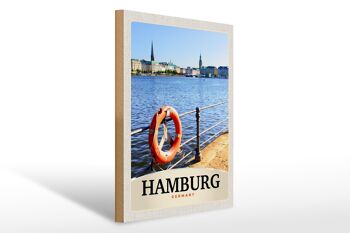 Panneau en bois voyage 30x40cm port de Hambourg Allemagne ville fluviale 1