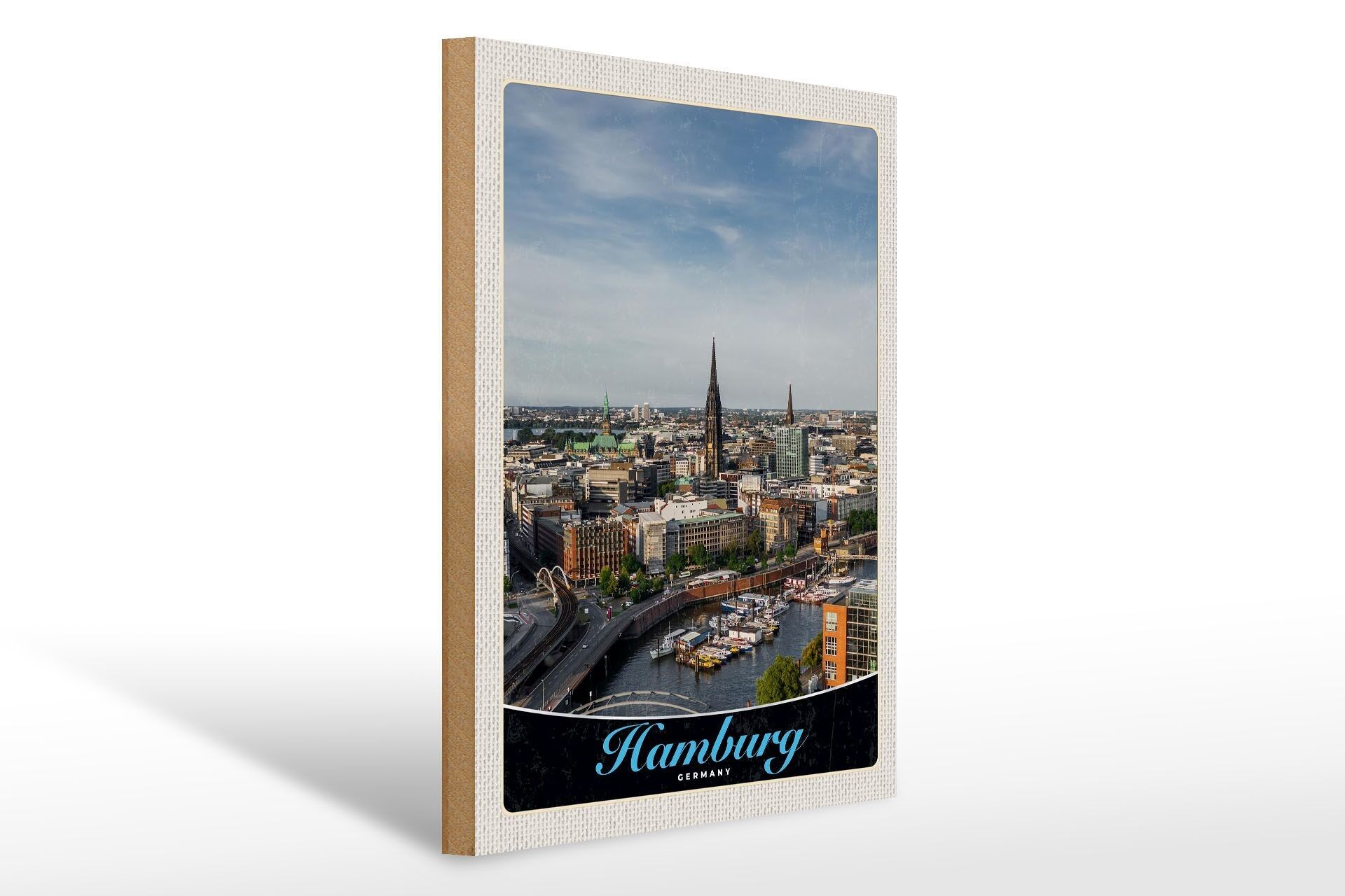 Cartello in legno da viaggio 30x40 cm Amburgo Germania porto città barche