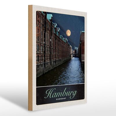 Cartel de madera viaje 30x40cm Hamburgo Alemania viaje nocturno por el río