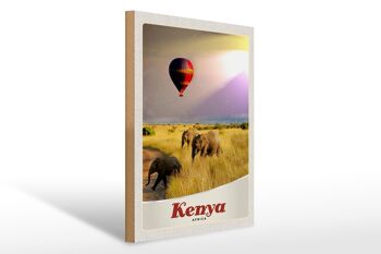 Panneau en bois voyage 30x40cm Kenya Afrique éléphants montgolfière 1
