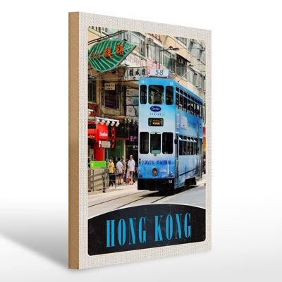 Holzschild Reise 30x40cm Hong Kong Straßenbahn Stadt City Asien