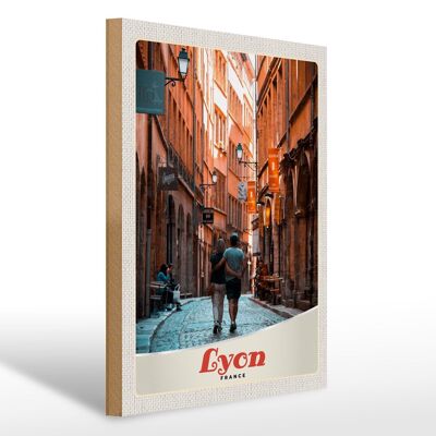 Cartello in legno da viaggio 30x40 cm Lione Francia vacanza in coppia nel centro storico