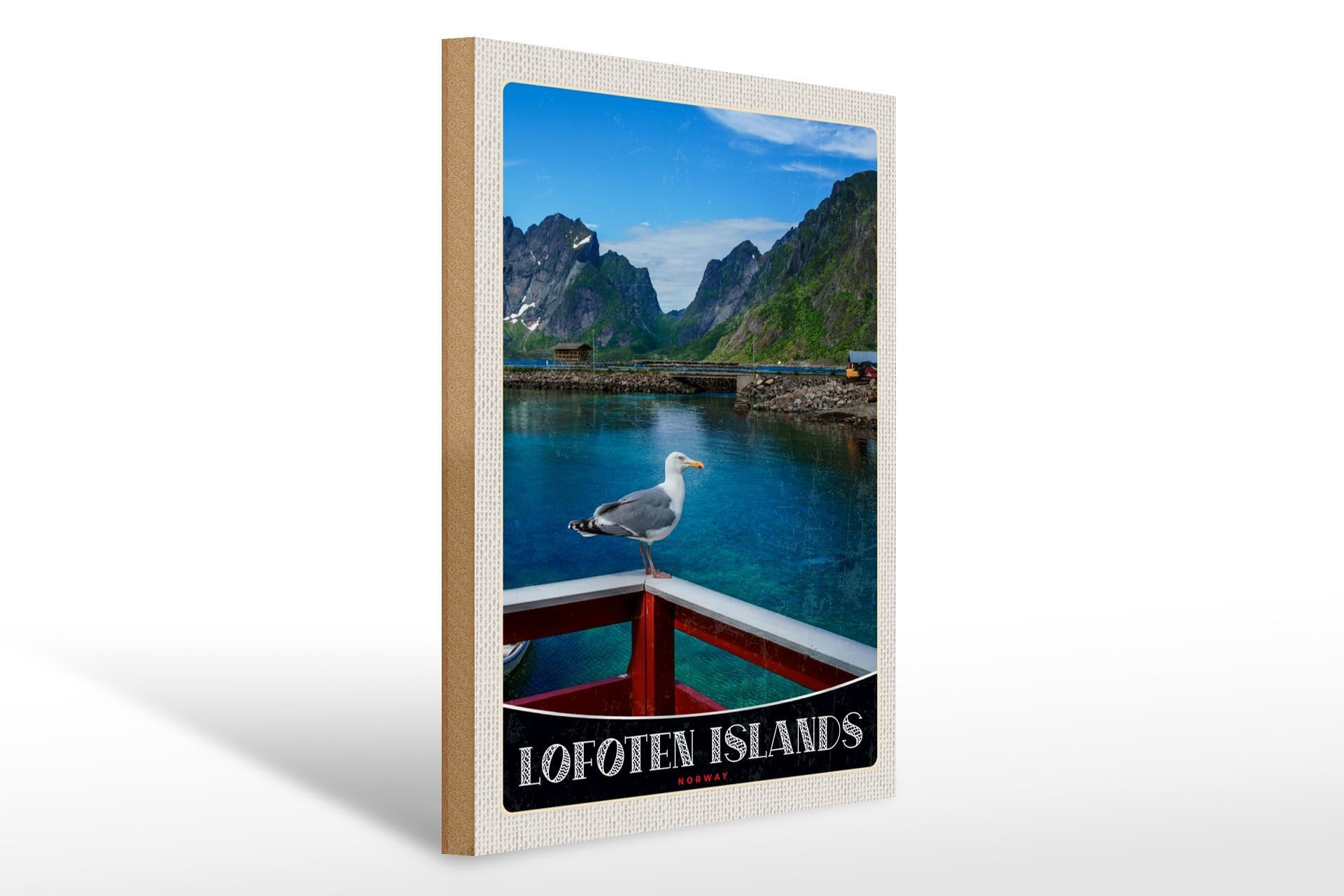 Holzschild Reise 30x40cm Lofoten Island Norwegen Fluss Häuschen