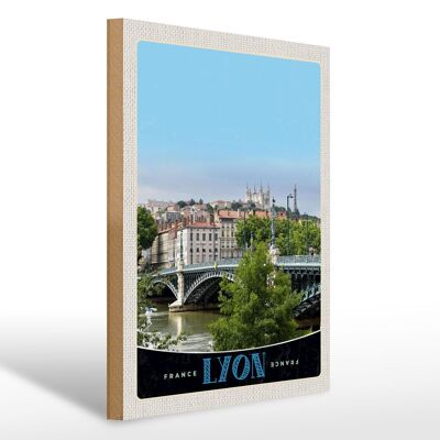 Cartel de madera viaje 30x40cm Puente de Lyon Francia Castillo del río