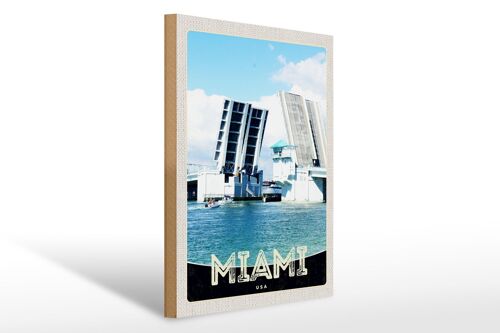Holzschild Reise 30x40cm Miami Amerika USA Brücke Schiffe Meer