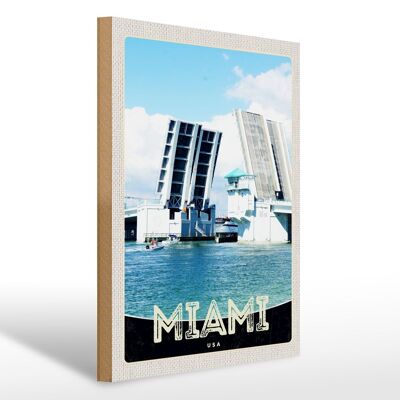 Cartel de madera viaje 30x40cm Miami America USA puente barcos mar