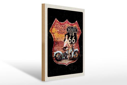 Holzschild Reise 30x40cm USA Amerika Route US 66 Motorrad Frau