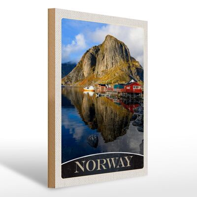 Cartel de madera viaje 30x40cm Noruega Europa lago casas barco viaje
