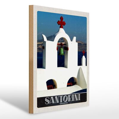 Cartel de madera viaje 30x40cm Santorini isla mar cruz iglesia
