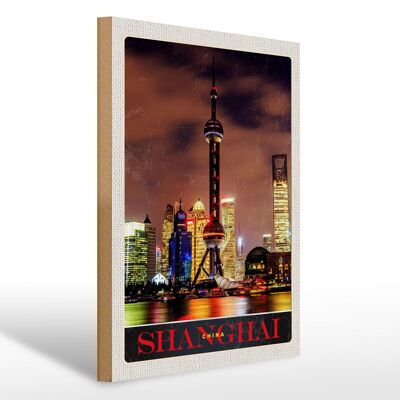 Holzschild Reise 30x40cm Shanghai China Stadt Tower Meer Urlaub