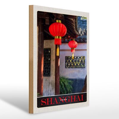 Cartello in legno da viaggio 30x40 cm Shanghai Asia Cina lanterna rossa