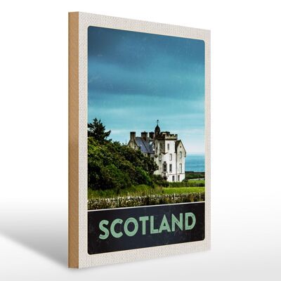 Cartel de madera viaje 30x40cm Escocia Europa casa solariega blanca