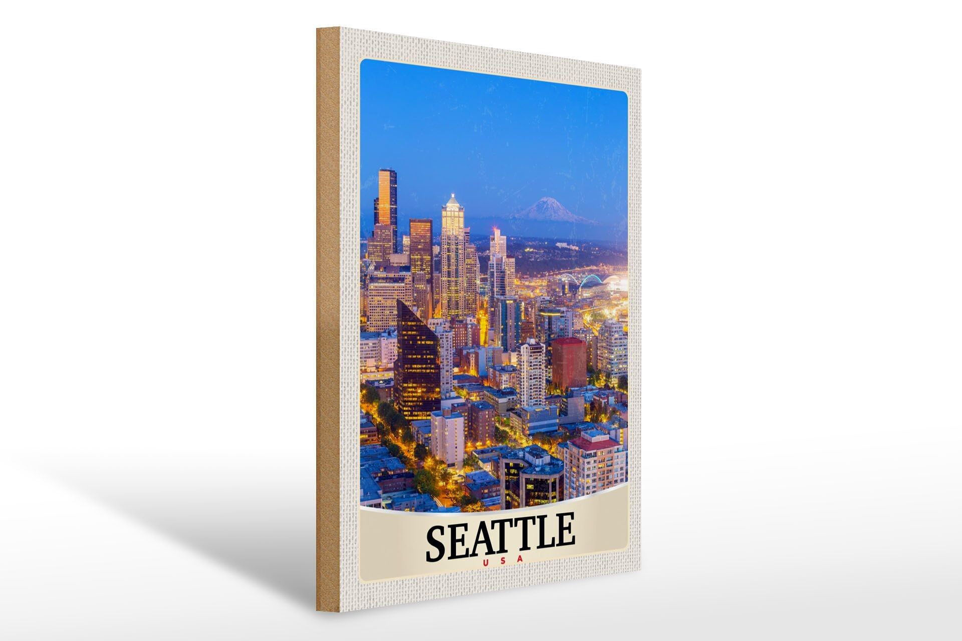Cartello in legno da viaggio 30x40 cm Seattle USA America città vacanza serale