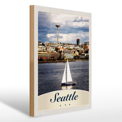 Cartel de madera viaje 30x40cm Seattle USA barco barco ciudad mar