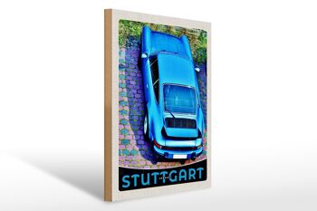 Panneau en bois voyage 30x40cm Stuttgart Allemagne véhicule bleu 1