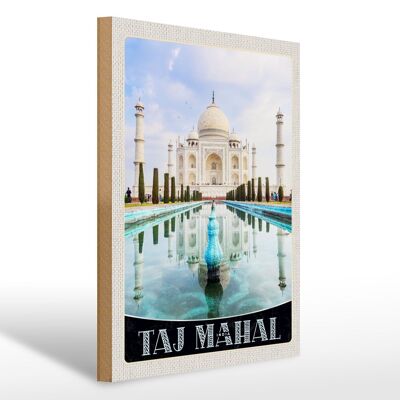 Panneau en bois voyage 30x40cm Taj Mahal Inde devant la mosquée du jardin