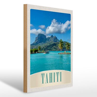 Cartel de madera viaje 30x40cm Tahití América isla azul mar naturaleza