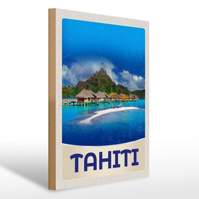 Cartel de madera viaje 30x40cm Isla Tahití América vacaciones sol