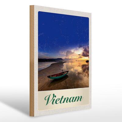 Holzschild Reise 30x40cm Vietnam Asien Boot Meer Natur Urlaub