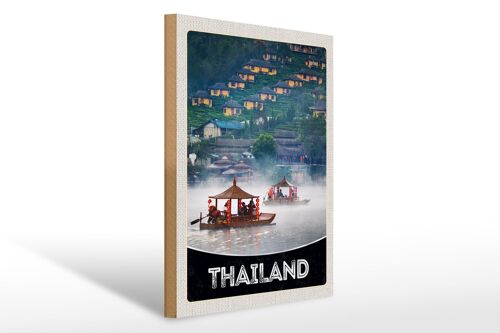Holzschild Reise 30x40cm Thailand Asien Fluss Natur Häuser Boot