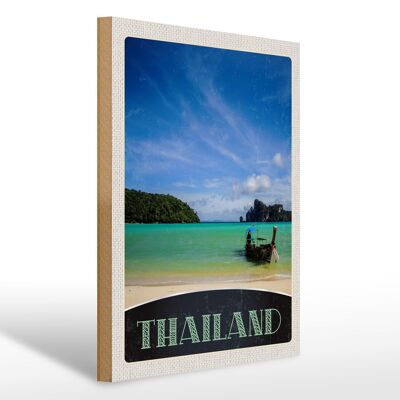 Panneau en bois voyage 30x40cm Thaïlande mer bateau montagnes ciel