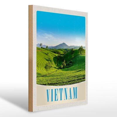 Cartel de madera viaje 30x40cm Vietnam naturaleza pradera agricultura árboles