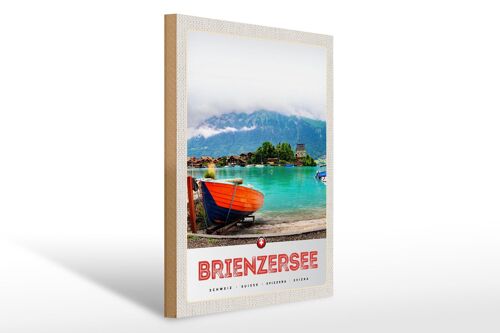 Holzschild Reise 30x40cm Brienzersee Schweiz Boot Gebäude