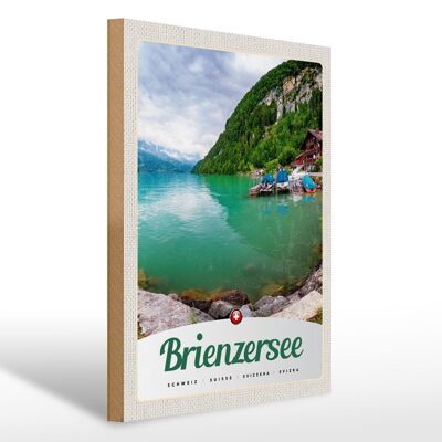 Cartel de madera viaje 30x40cm Lago Brienz Suiza barco montañas