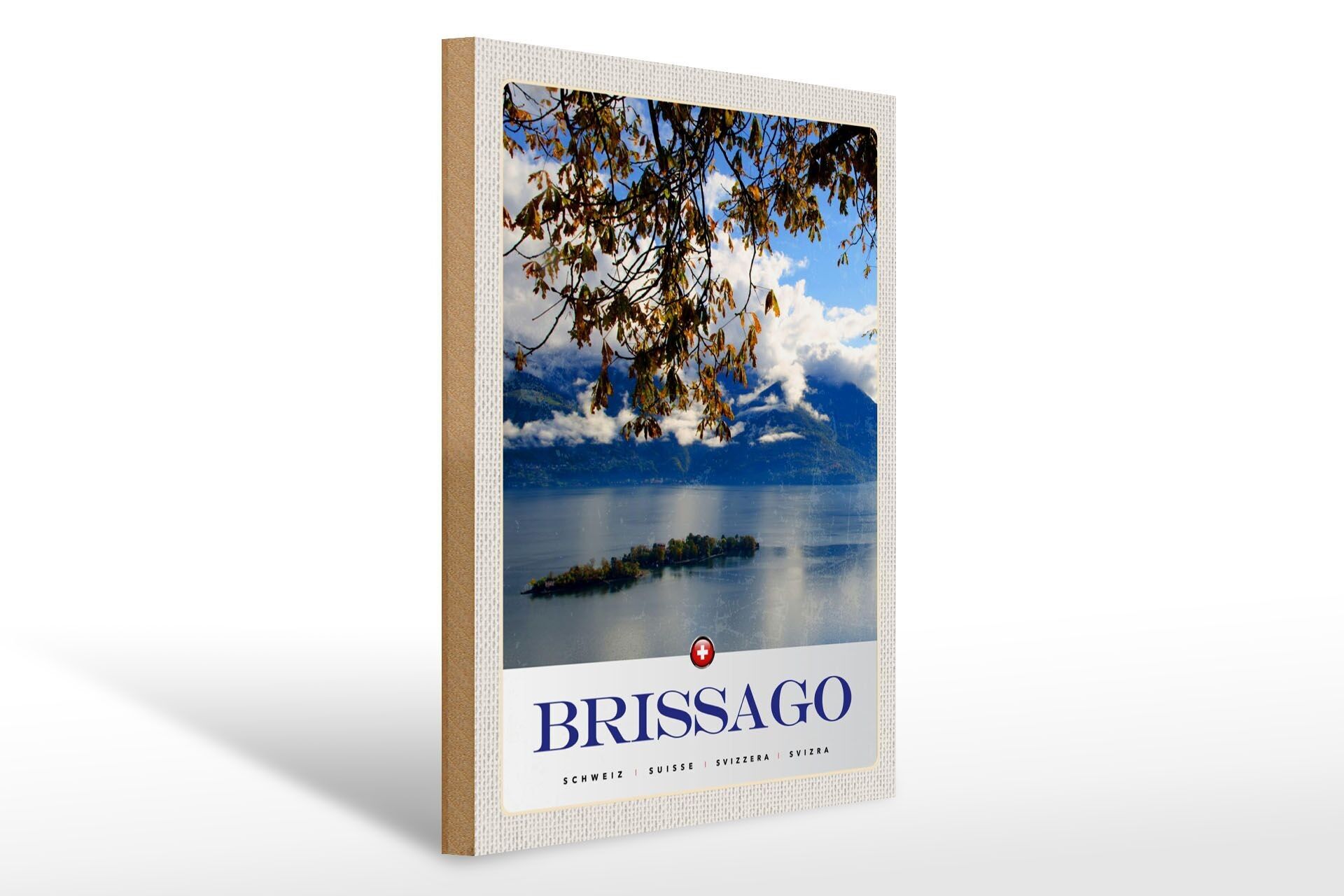 Cartel de madera viaje 30x40cm Brissago Suiza vista al lago naturaleza