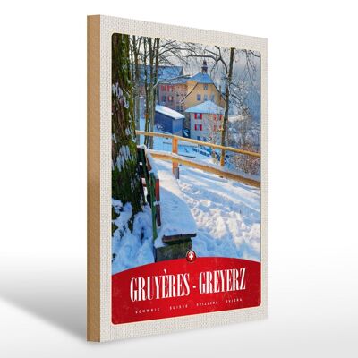 Panneau en bois voyage 30x40cm Gruyères Gruyères Suisse vacances à la neige