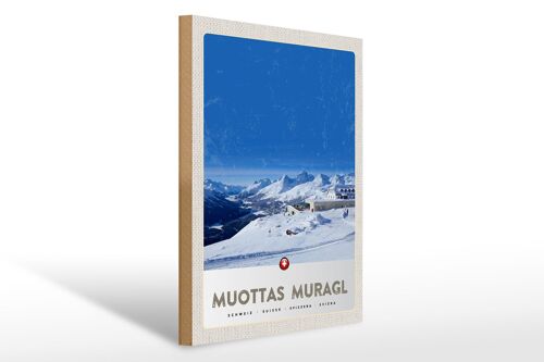 Holzschild Reise 30x40cm Muottas Murgal Schweiz Gebirge Schnee