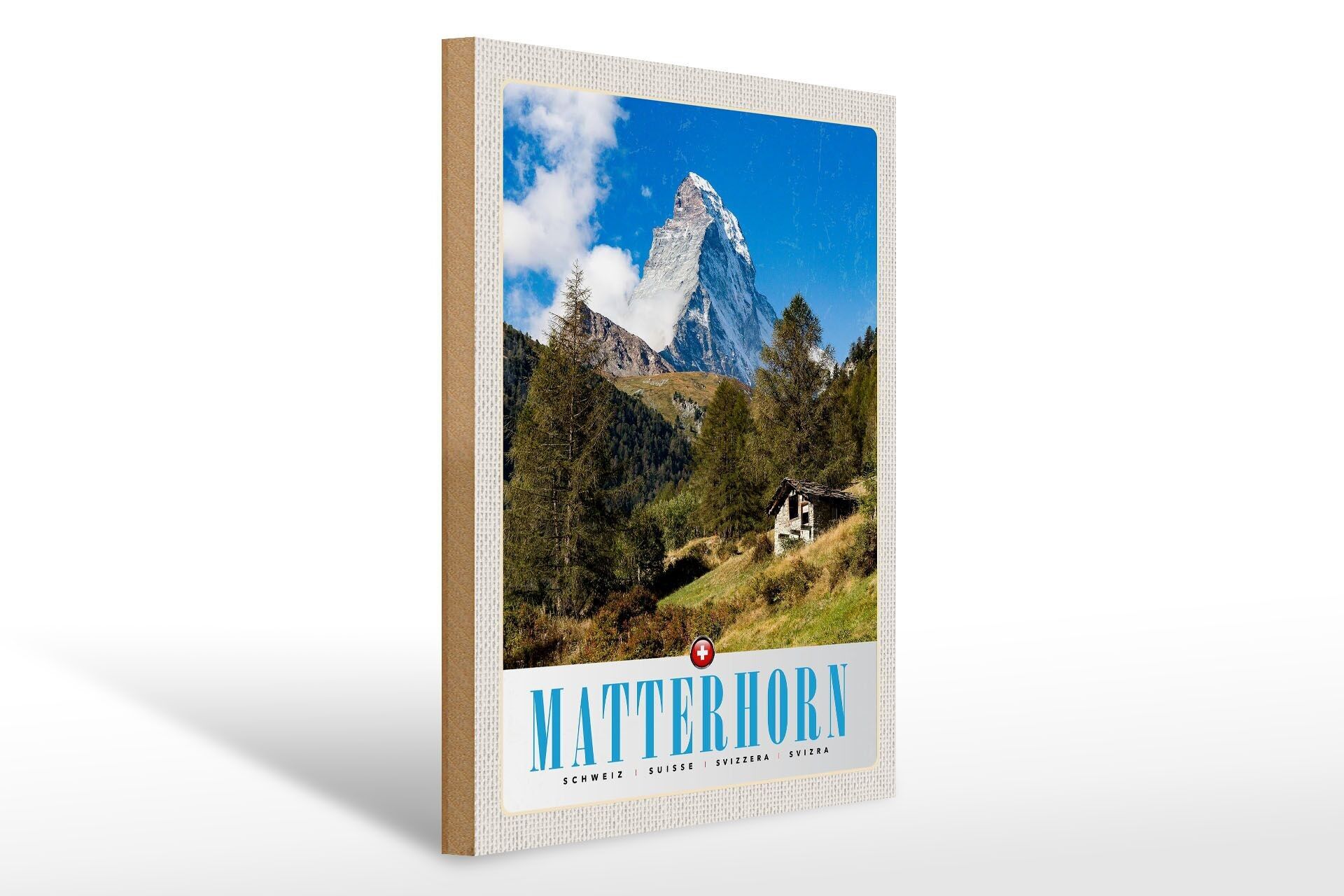 Panneau en bois voyage 30x40cm Cervin Suisse forêt montagnes neige