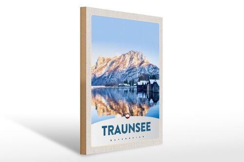 Holzschild Reise 30x40cm Traunsee Österreich Winterzeit Schnee