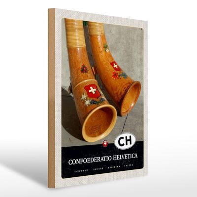 Holzschild Reise 30x40cm Confoederatio Helvetica Alphorn Urlaub