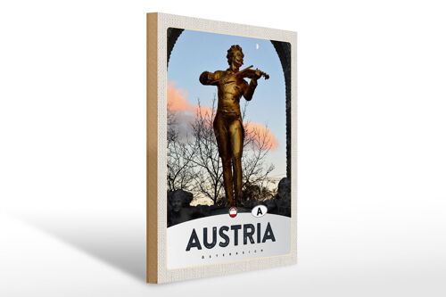 Holzschild Reise 30x40cm Österreich Skulptur Mann Geige Gold