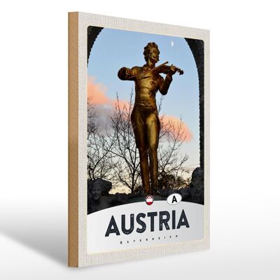 Cartel de madera viaje 30x40cm Austria escultura hombre violín oro