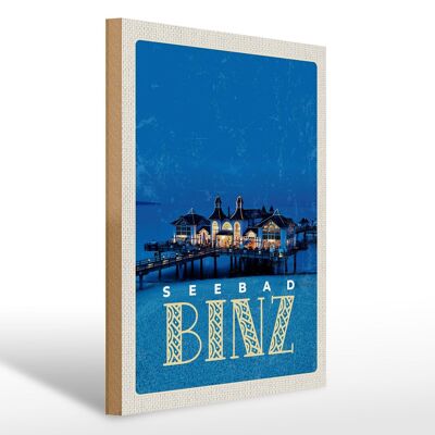 Holzschild Reise 30x40cm Binz Seebad Haus Meer Abend Urlaub