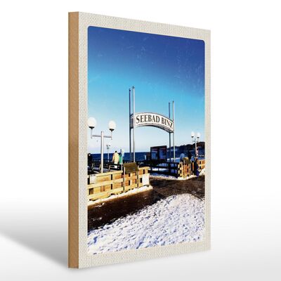 Cartello in legno da viaggio 30x40 cm località balneare Binz neve inverno mare