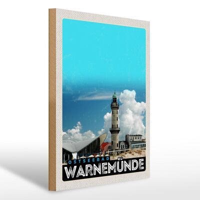 Cartel de madera viaje 30x40cm Balneario del Mar Báltico Playa del faro de Warnemünde