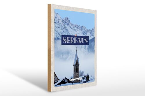 Holzschild Reise 30x40cm Serfaus Schnee Berge Kirche Winter