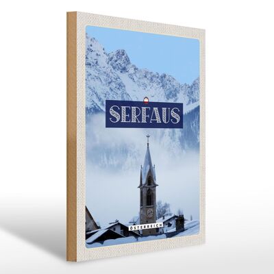 Cartel de madera viaje 30x40cm Serfaus montañas nevadas iglesia invierno