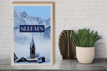 Panneau en bois voyage 30x40cm Serfaus neige montagnes église hiver 3