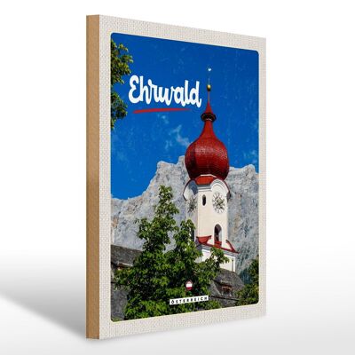 Cartel de madera de viaje 30x40cm Ehrwald Austria iglesia techo rojo