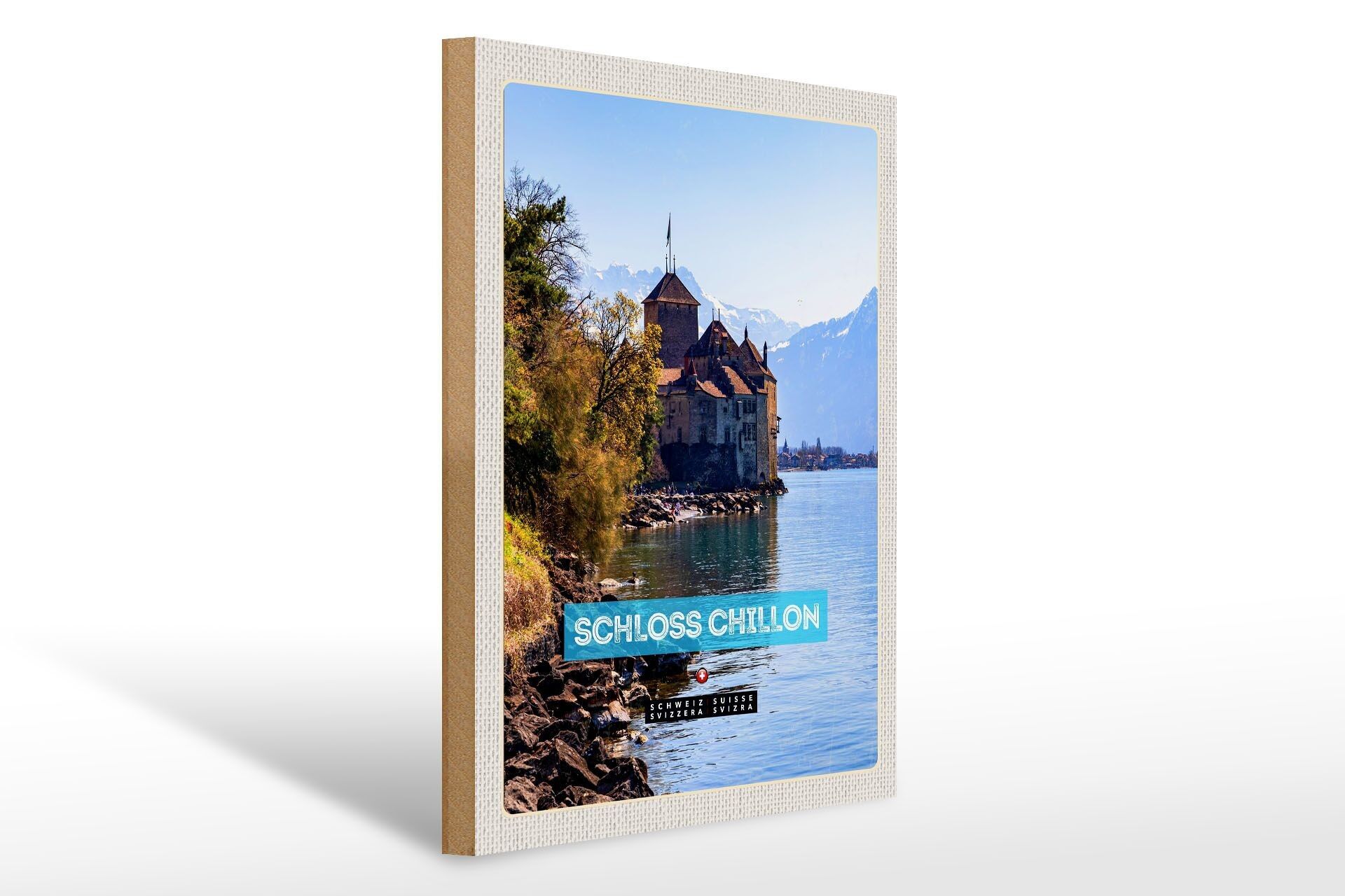Cartello in legno da viaggio 30x40 cm Lago di Ginevra Svizzera Castello di Chillon